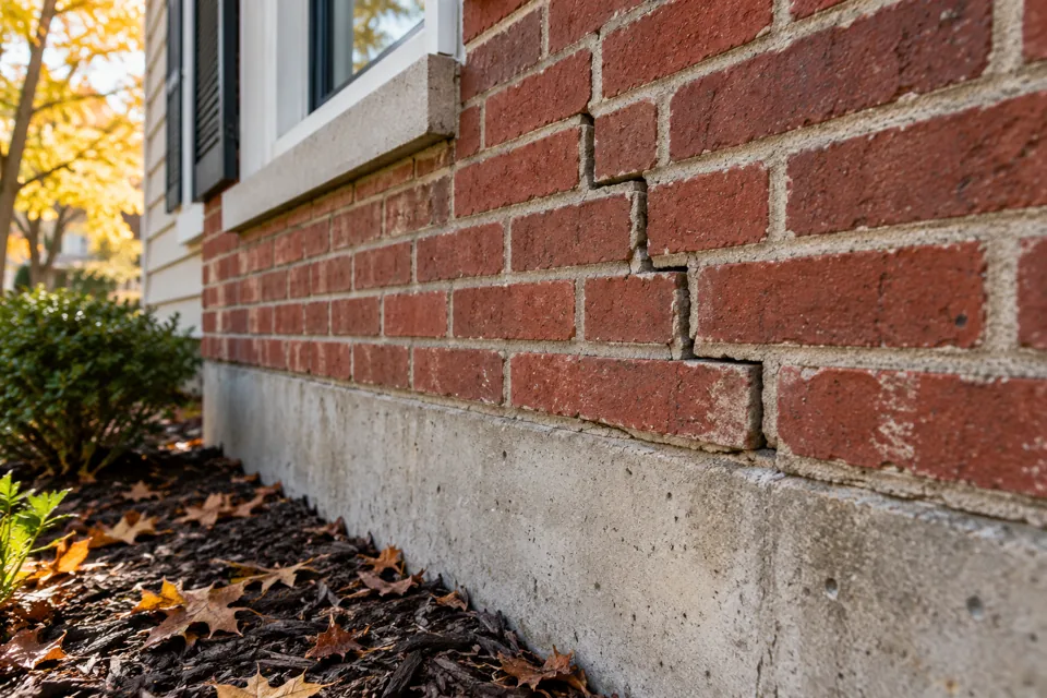 Stepped mortar crack near a brick foundation
