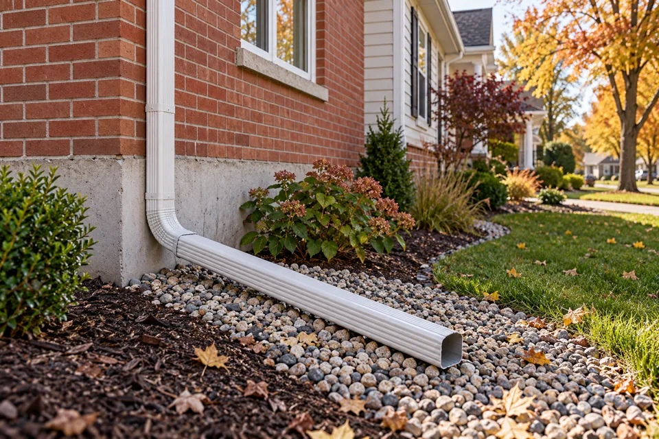 Downspout extension and drainage beside a house foundation