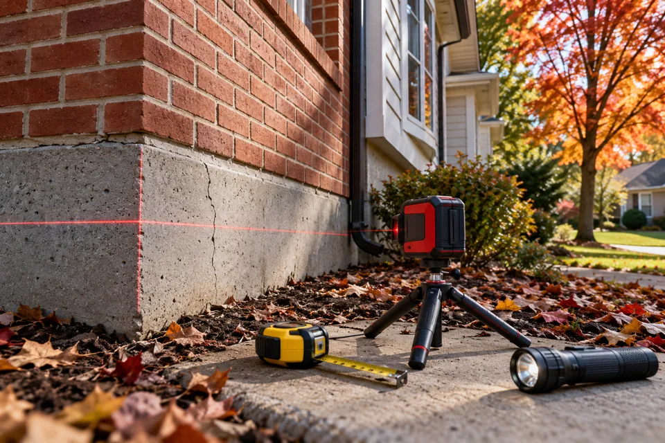 Foundation inspection tools and level beside a concrete base